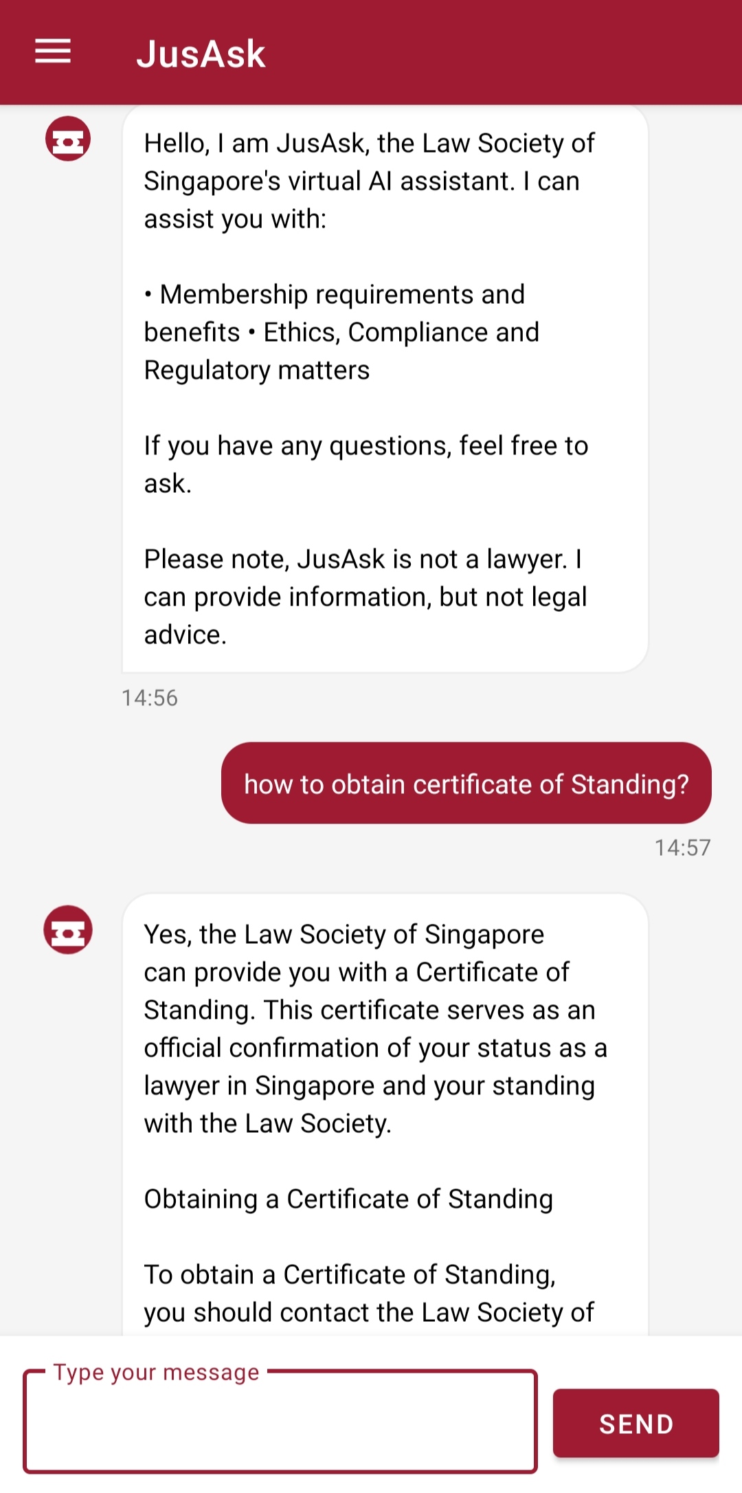 JusAsk Mobile Interface